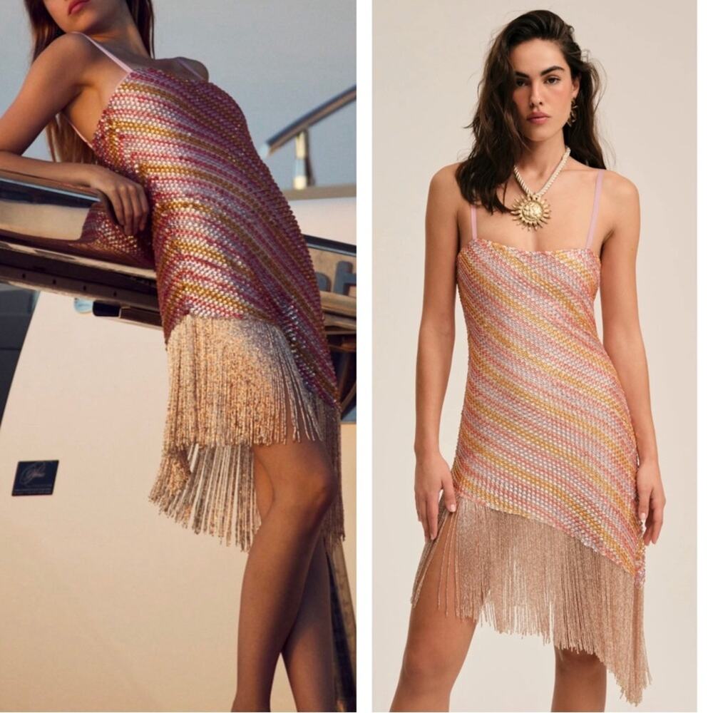 FOR LOVE & LEMONS Capri Bead Embellished Fringe Hem Asymmetric Mini Dress Sz 2 - Picture 2 of 8